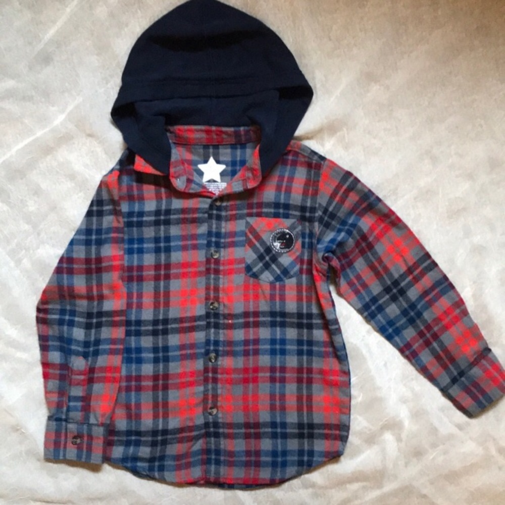 Boys flannel hooded button down shirt
